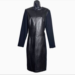 Vtg CHETTA B 10 Sheath Dress mixed media leather and viscose modest knee length